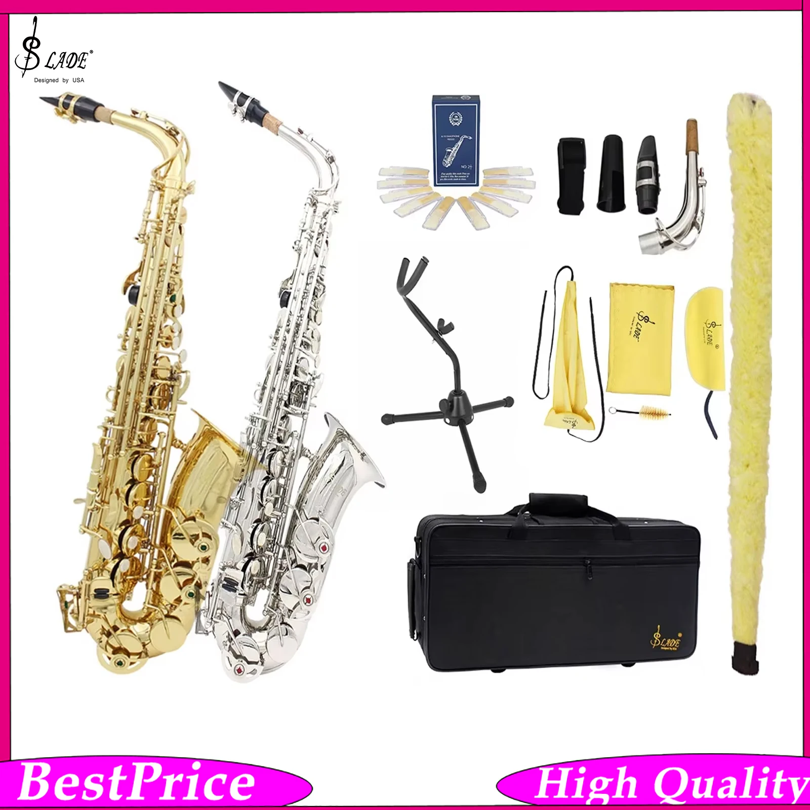 SLADE Eb Alto Saxophone Brass Body Carving Gold Silver Color Selection Sax Set with Case Saxophone Accessories E Flat Sax