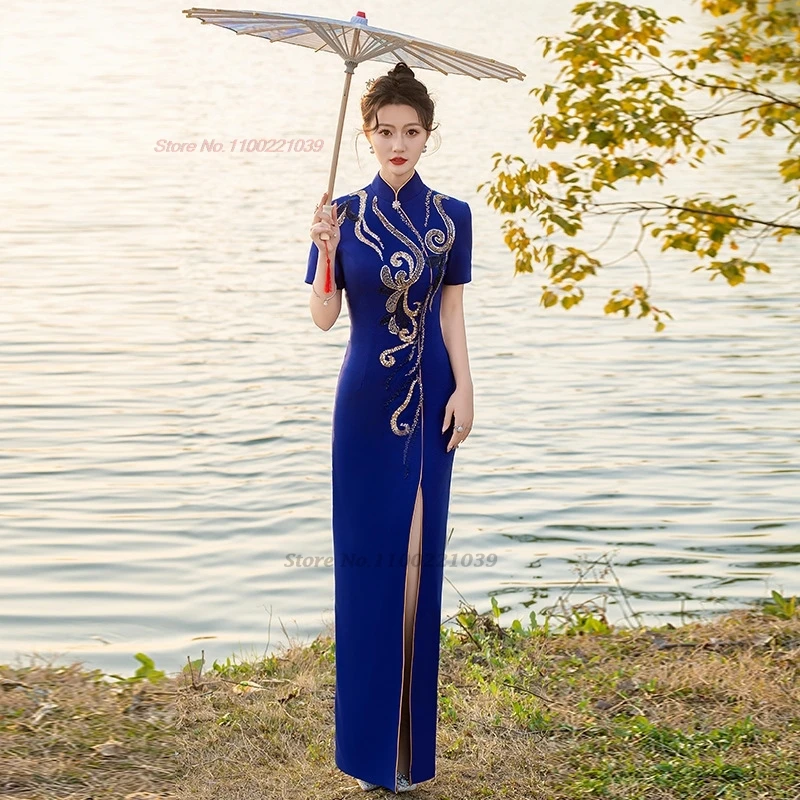 

2025 chinese vintage dress improved qipao national flower sequin cheongsam stage performance dress retro banquet evening dress