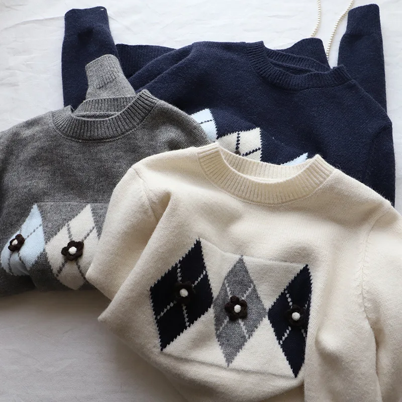 

College Sle round Ne Patchwork Loose Anti-Aging Women's Sweater Autumn Winter Korean Lazy Sle Slimming Versatile Top