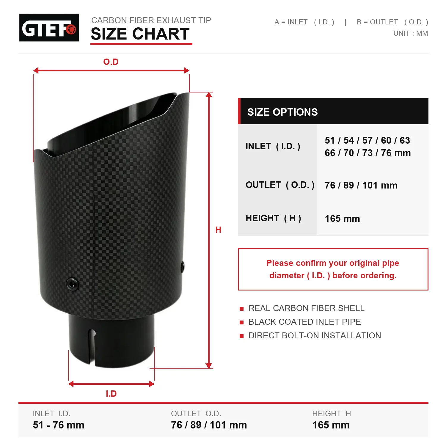 GTEFO One Piece Universal  Car Exhaust Tip Matte Carbon Fiber Black Stainless Steel Exhaust Muffler Tail Tips Car Modification