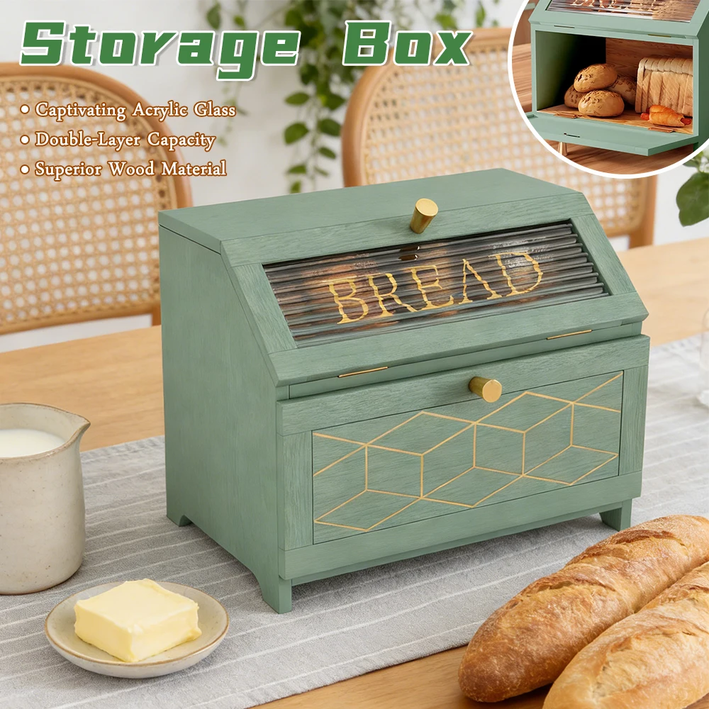 

Wooden Bread Bin Multi-Purpose Double-Layer Large Capacity Bread Storage Container with Wavy Acrylic Glass for Homemade Bread To