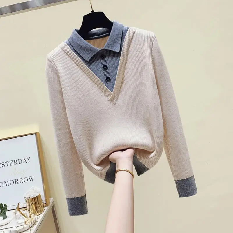 Fashion Lapel Spliced Button Fake Two Piece Sweater Women's Clothing 2022 Autumn New Loose Casual Pullovers All-match Tops