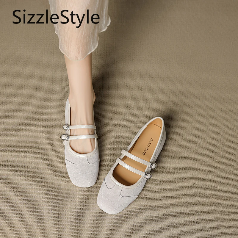 Suede Stitching Double Buckle Solid Color Low Heel Invisible Height Increase Comfortable Retro Square Head Mary Jane Shoes