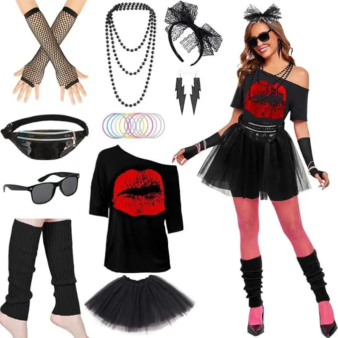 1980s Retro Party Costume Drop Shoulder T‑Shirt Tutu Skirt Outfit With Waist Bag Necklace Bracelet Earring Foot Cover For Themed