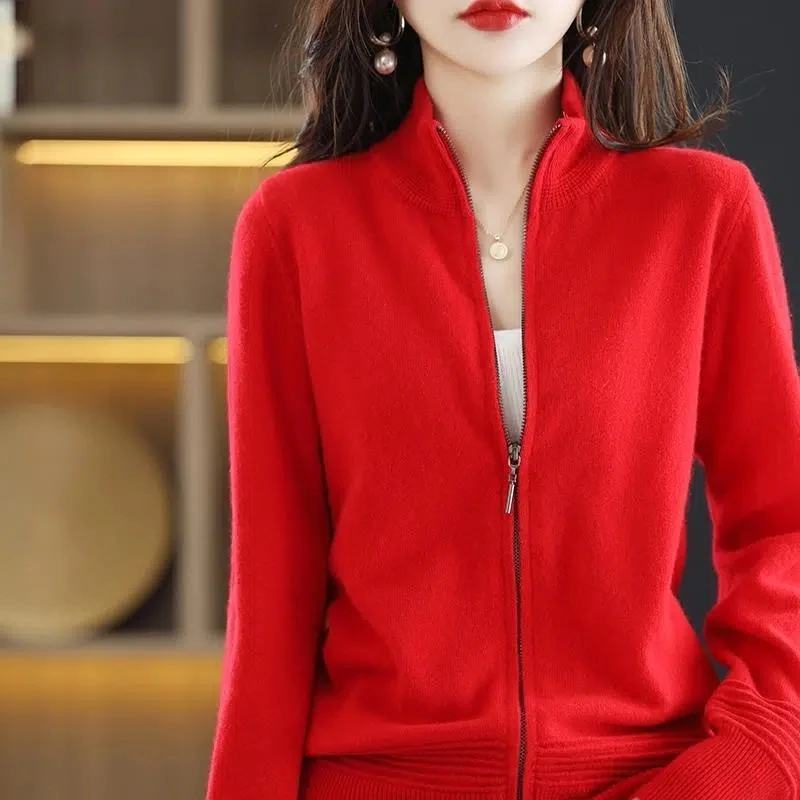 2023 Outono Inverno Nova Camisola De Malha Mulheres Cardigans Grosso Slim Stand Collar Zipper Cardigan Jacket Feminino Casual Malhas Top