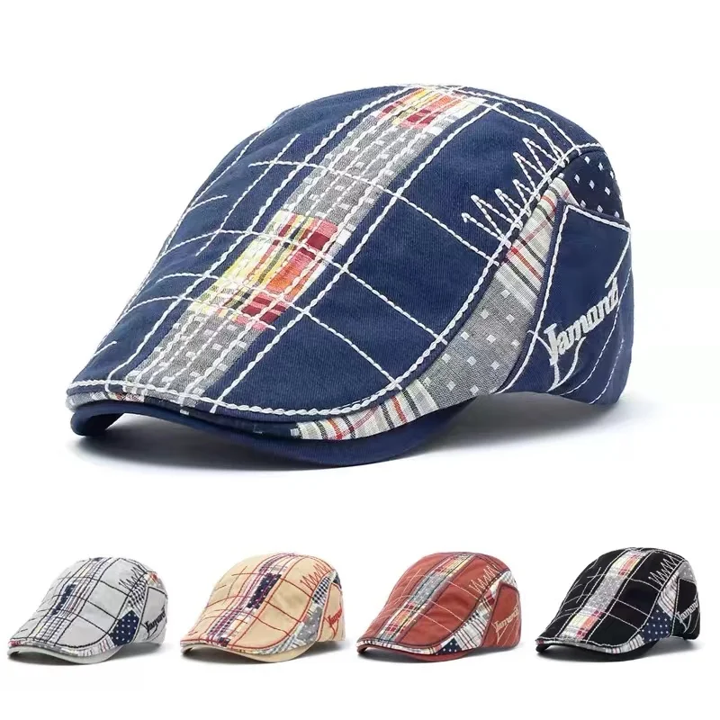 Europ American Leisure Forward Hat Men Irregular Embroidered Beret Plaid Spliced Baseball Cap Male Spring Autumn Sunshade Women