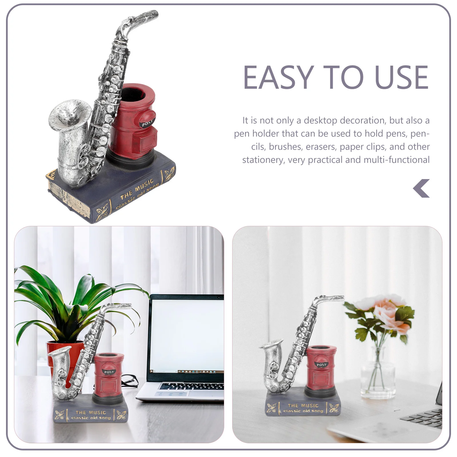 

Saxophone Shape Decor Retro Resin Pen Holder Bucket Desktop Storage for Pens Pencils Erasers Paper Clips Stationery Container