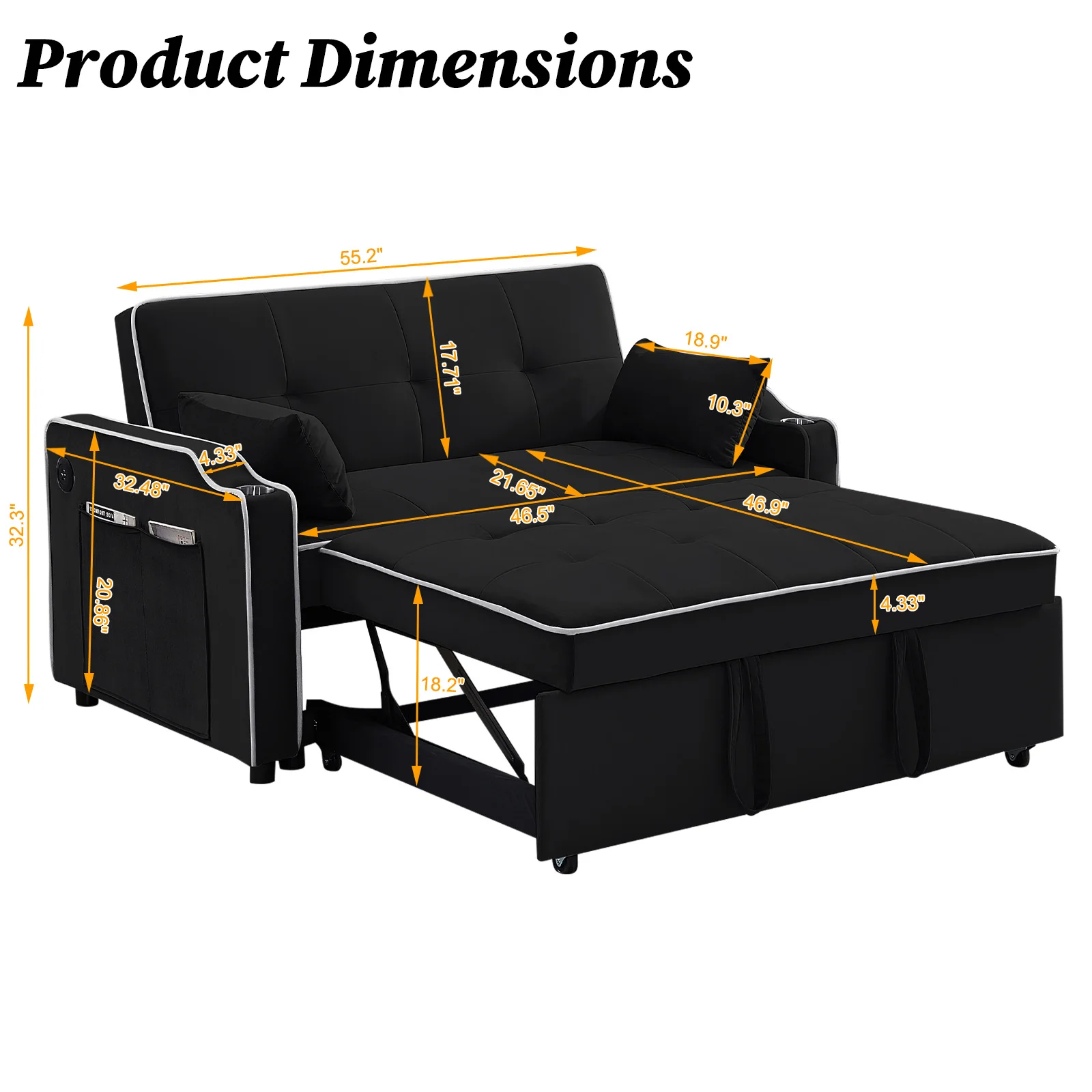 Multi-Functional Velvet Sleeper Couch Pull-Out Bed Loveseat Sofa Chaise Lounge with USB Port Cupholder Adjustable Backrest
