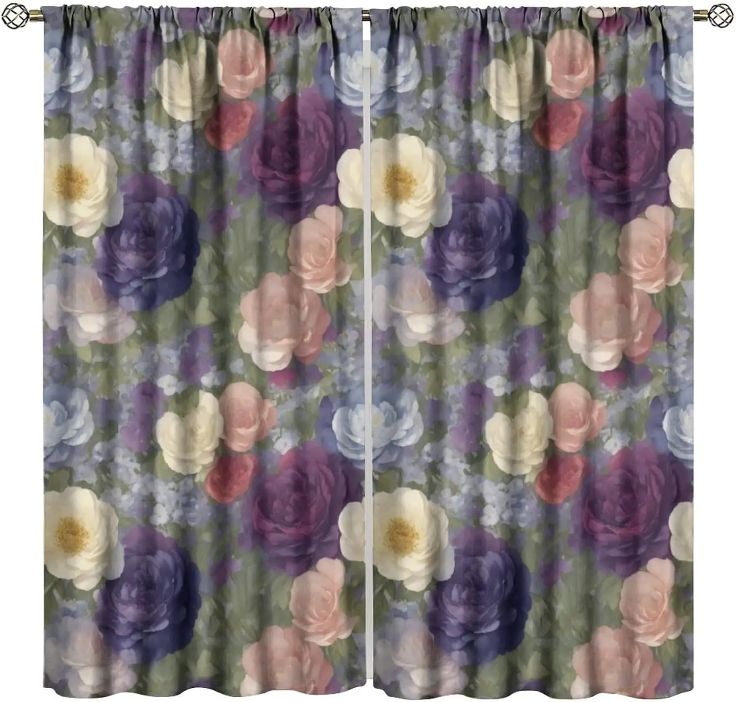 Elegant Floral Rose Pattern Curtains Pair Set Boho Cottage Window Drapes Purple Blue Romantic Bedroom Living Room Decor
