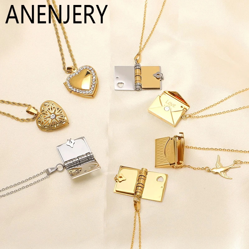 ANENJERY 316L Stainless Steel Opening Book Envelope Heart Necklace for Women Lovers Creative Fashion Jewelry Birthday Gifts