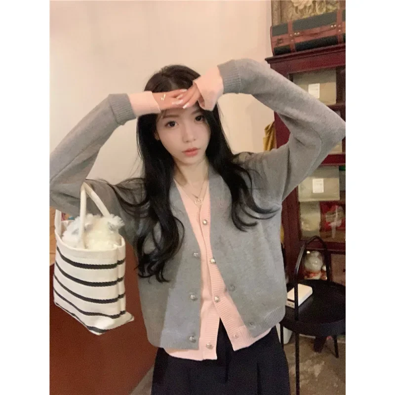 Two-Piece Illusion Knitted Cardigan Jacket Women's Early Autumn New Style Plus Size Chubby Girls Korean System V-Neck Versatile