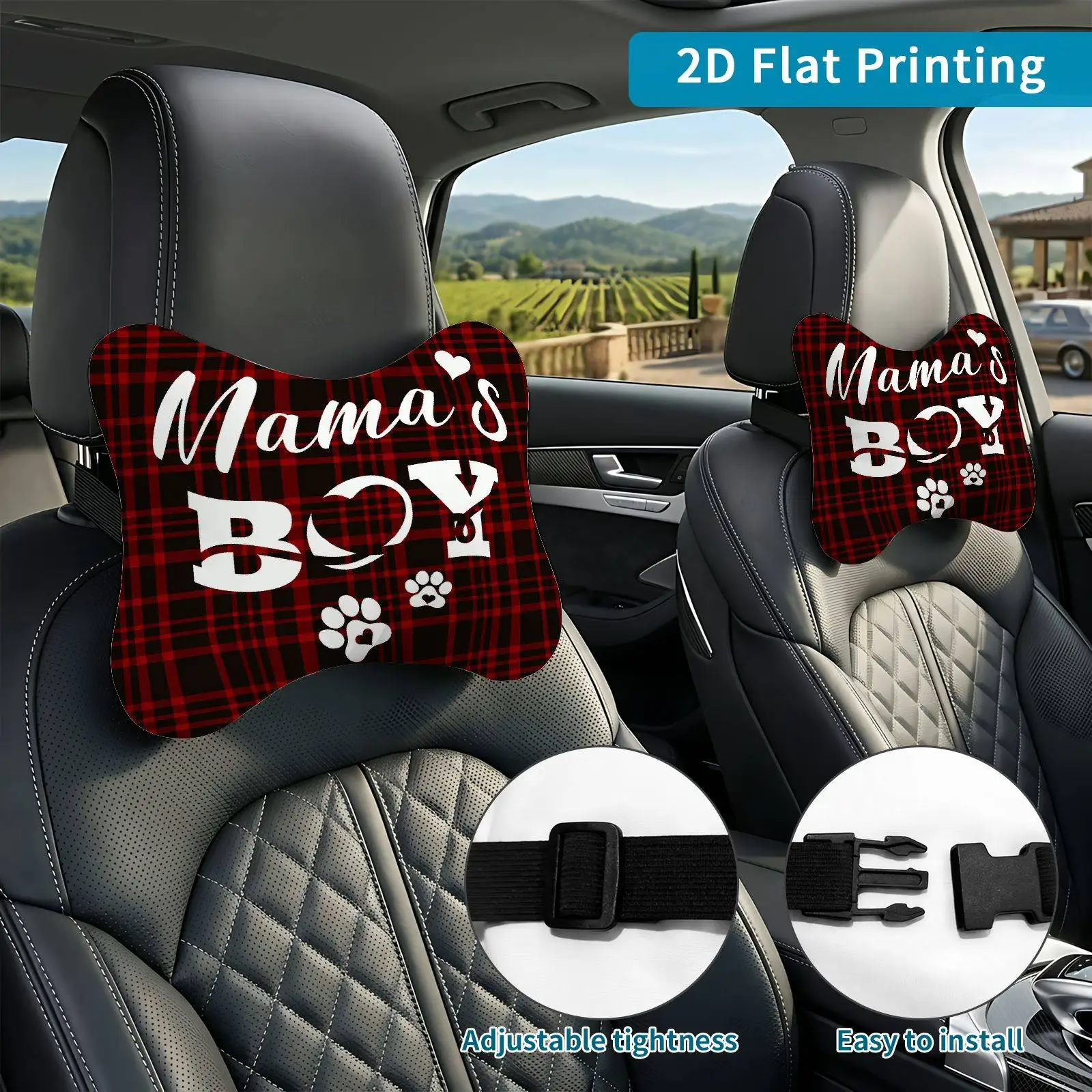 2pcs Pet Paw Plaid Car Seat Headrest, Neck Support Cushion, Suitable For All Seasons Of Car Additions, Pawprint Theme, Travel Ne