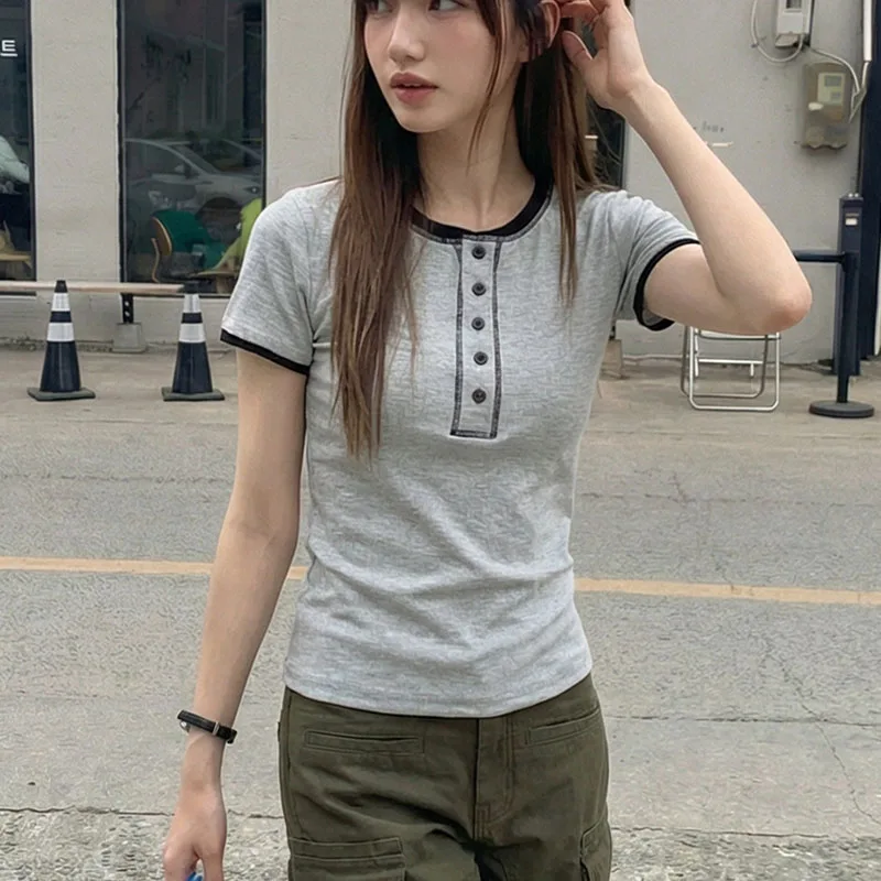 Short Sleeve T-Shirt For Women Summer Korean Style Womens Clothing Slim Black Grey Tops Casual Tshirts O Neck Tee Shirt Femme