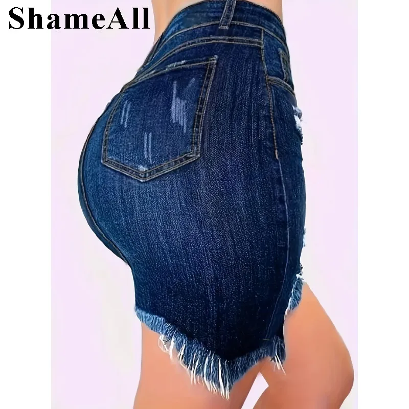 Plus Size Ripped Holes Bodycon Mini Denim Skirts Summer Sexy Ladies Tassel Short Pencil Skirts Wrap Jeans Skirt