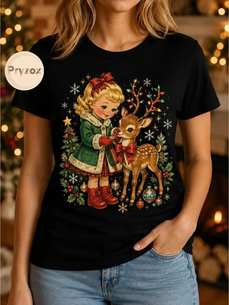 Snowflake Star Decor Leaping Reindeer T Shirt Unisex Crew Neck Short Sleeve Casual Top For Cozy Xmas Decor Style