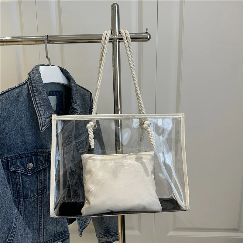 

Summer Fashion Transparent Tote Bag for Women Simple Large Capacity Shoulder Bag Trendy Beach Bag Women's Waterproof PVC Handbag
