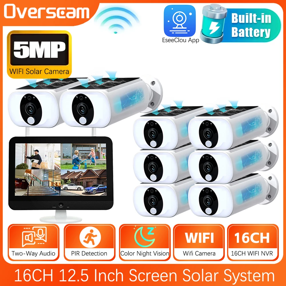 

16-канальный 12,5-дюймовый экран WIFI NVR 5MP Солнечная IP-камера Комплект системы Открытый Wi-Fi Солнечный комплект безопасности Встроенный аккумулятор Обнаружение PIR