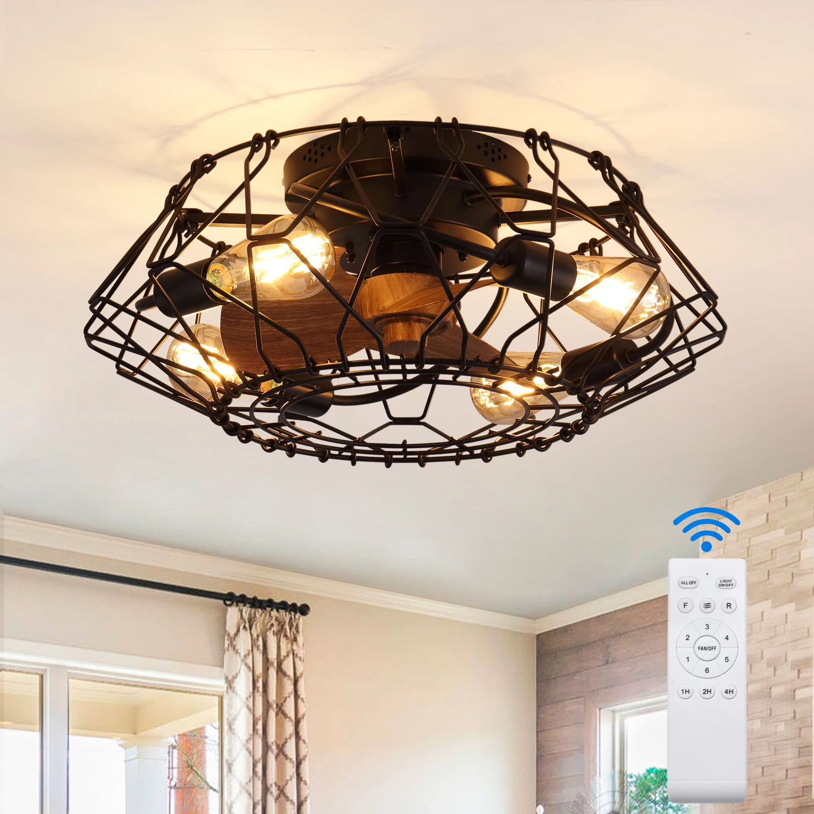 

Black Cage Style Ceiling Fan Light 20 Inch Farmhouse Remote Control Industrial Retro Style Indoor Outdoor Fan Light Fixture