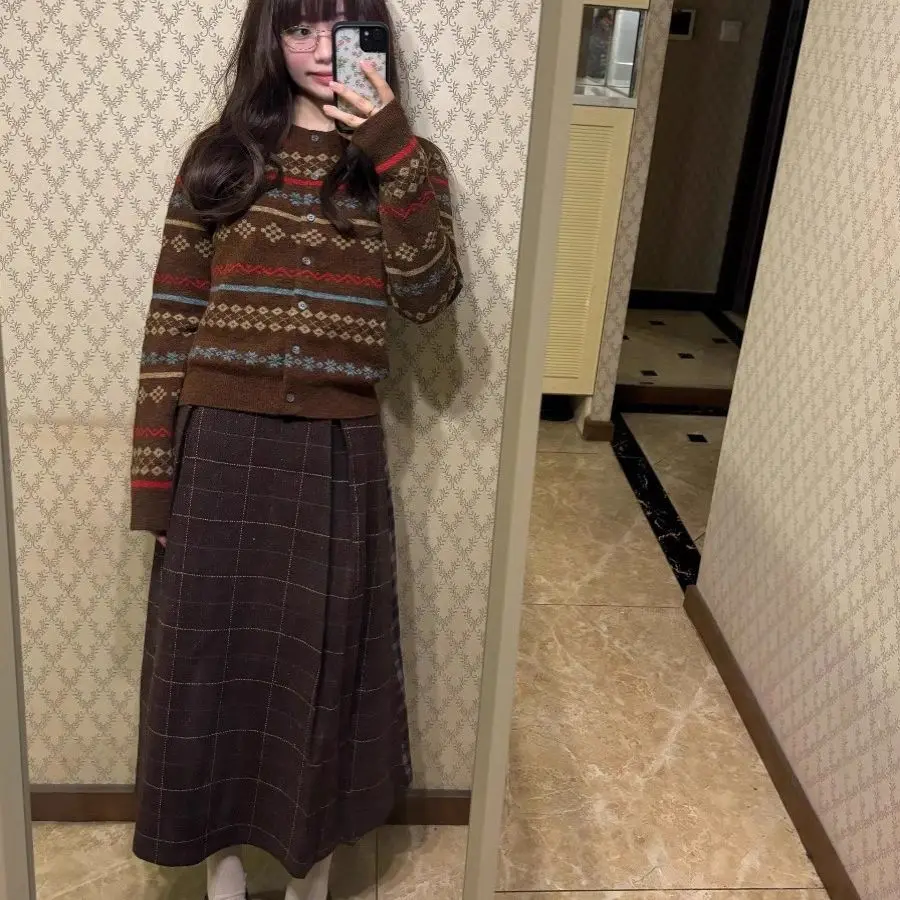 Vintage jacquard malha cardigan feminino outono inverno em torno do pescoço fino ajuste manga longa camisola casaco moda colheita topos