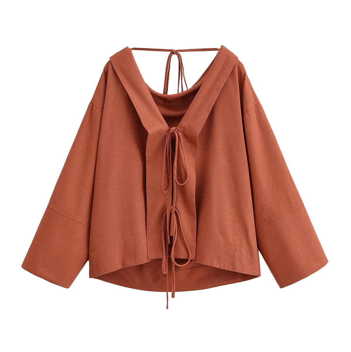 

ZBZA Woman Loose Blouse Lace-up V Neck Solid Color Long-sleeved Bckless Casual Commuter Cropped Shirt Summer New Female Chic Top