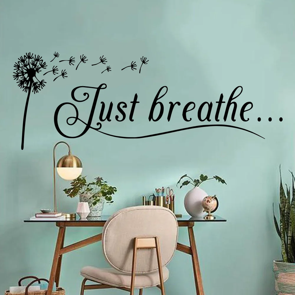 Modern Just Breathe Dandelion Wall Sticker Yoga Quotes Positive Relax Motto Art Letters Sayings Wall Decal Living Room