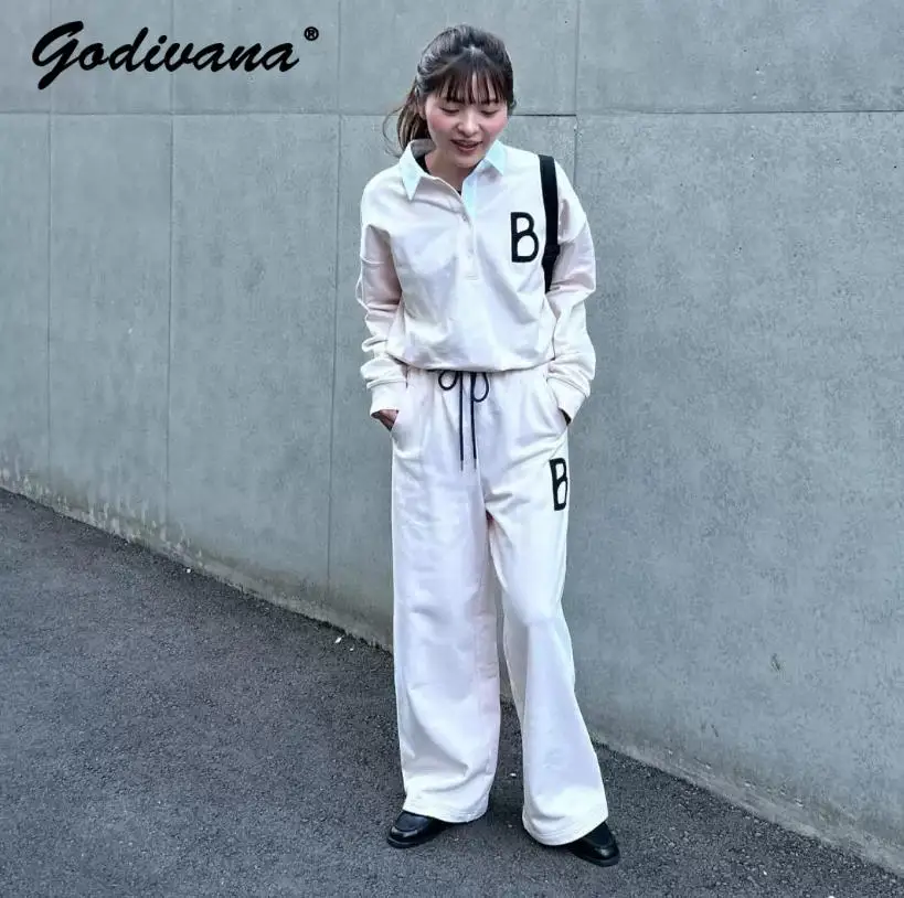 

Japanese Style New Spring and Autumn Simple Letter Polo Shirt and Sweatpants Casual Sportswear Women's Loose Tracksuit Pants Set