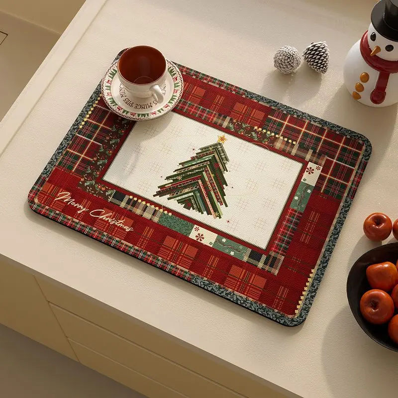 VIKAMA Rustic Christmas Tree Tableware Drainer Festive Decorative Absorbent Quick Dry Countertop Mat Kitchen Holiday Home Decor