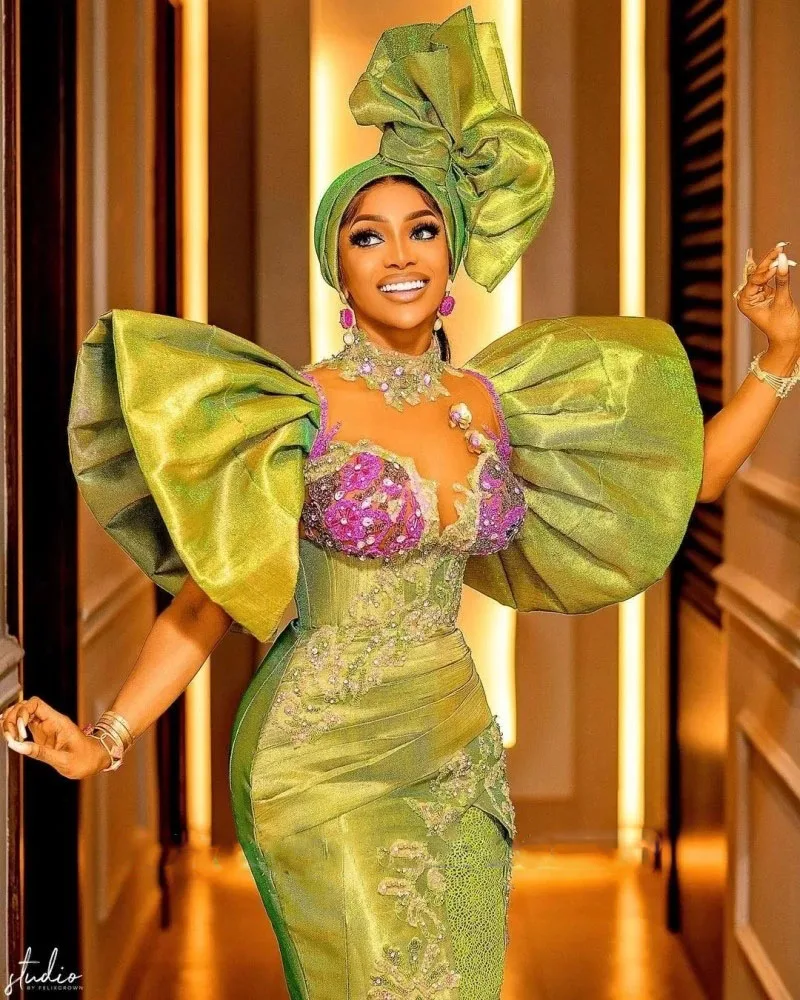 Nigerianischen Aso Ebi Lange Abendkleid 2023 Puff Ärmeln Spitze Taft Afrikanischen Formale Anlass Kleider Plus Größe Mantel Prom Kleider