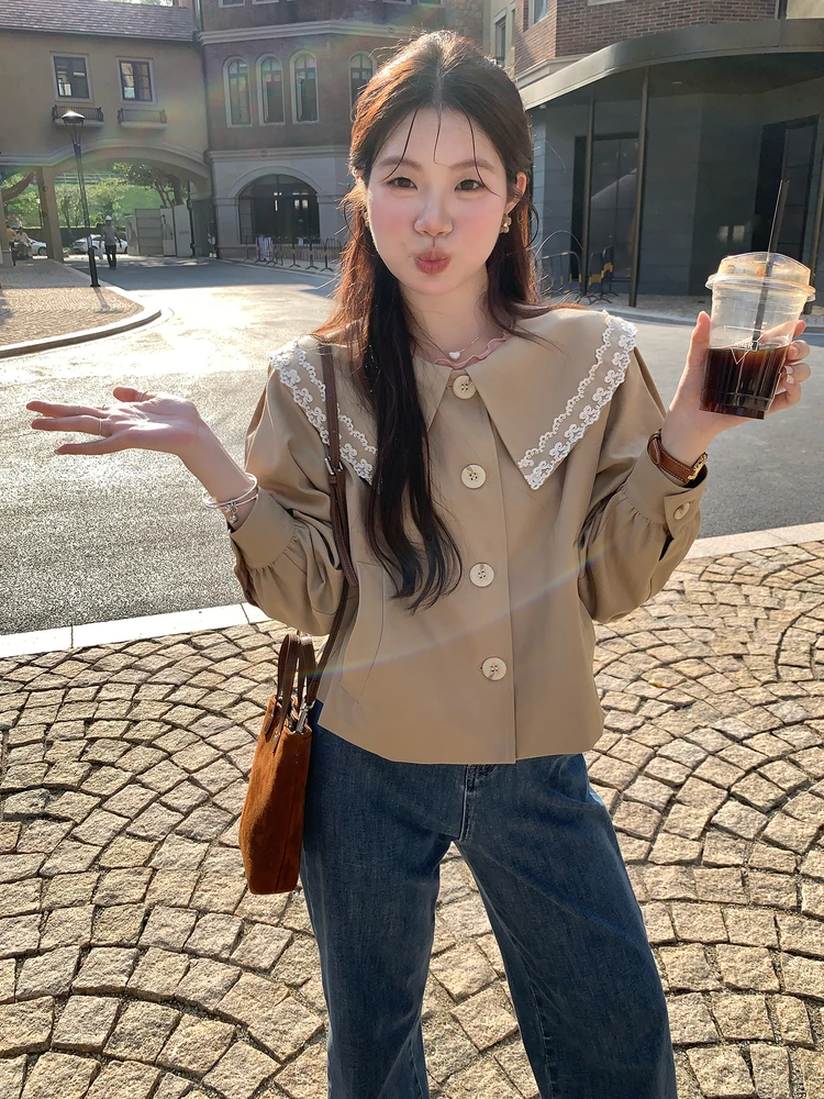 

Корейский дизайн, короткое кружевное пальто с узлом для женщин, нежное, омолаживающее, из хлопкового материала, женское короткое пальто