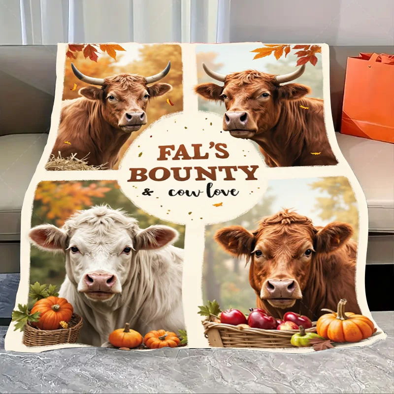 

1pc Flannel Blanket "Fal's Bounty Cow Love - Autumn Farmhouse Blanket with Pumpkins and Apples"