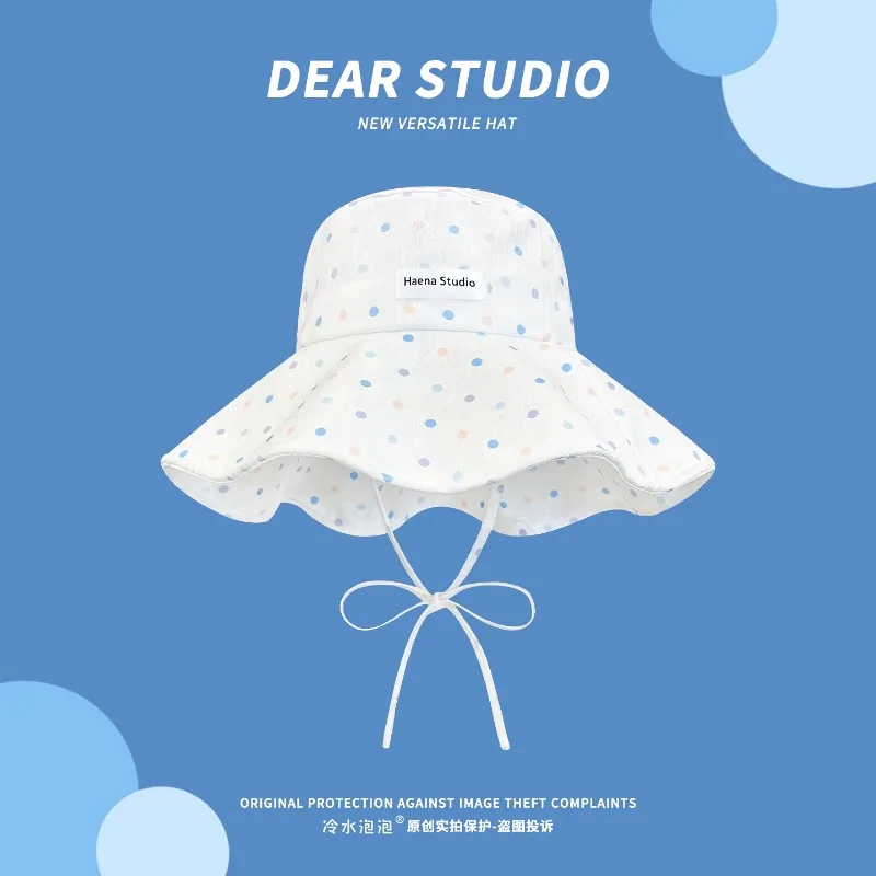 

Ins Small Fresh Polka Dot Lace-up Bucket Hat Summer Outing Large Brim Sunshade Foldable Temperament Sun Cap for Women's Gorras