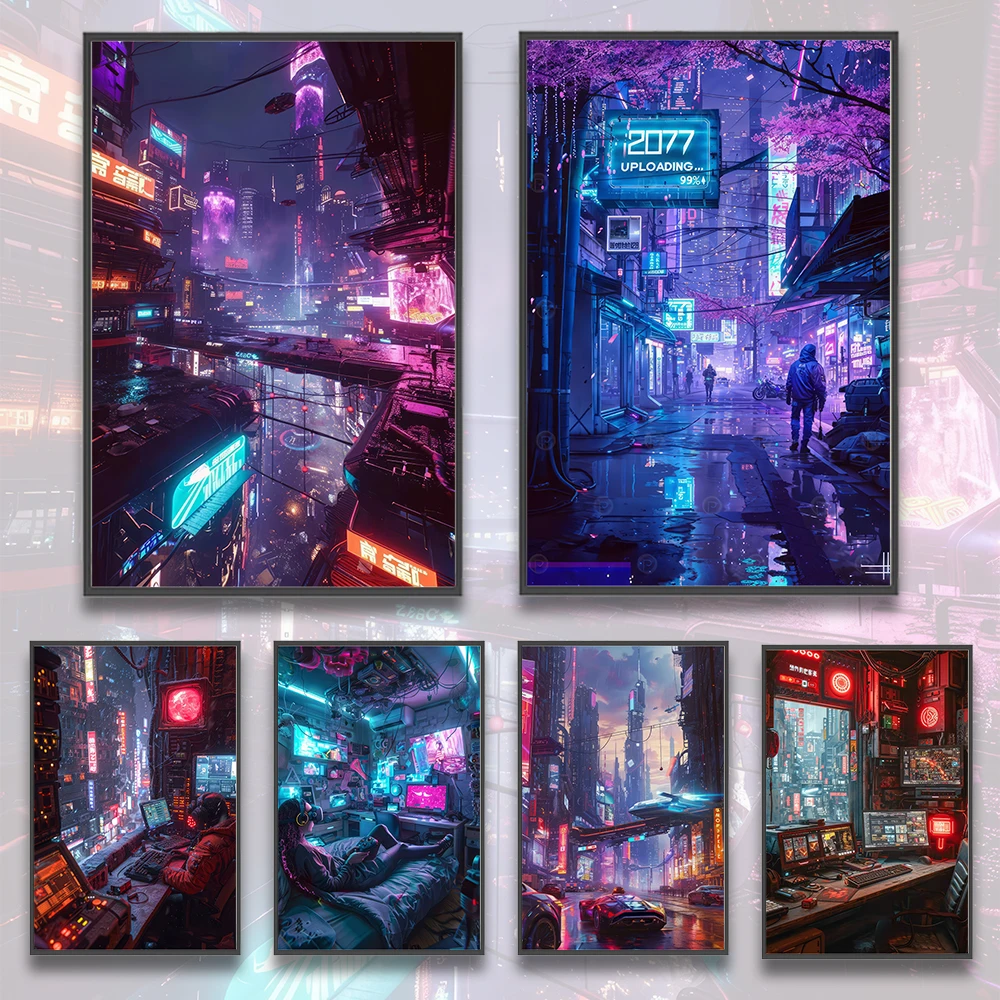 Cyberpunk City  Poster Figures Home Decoration Painting Pictures Wall Art Cartoons Computer Room Wallpaper Gift