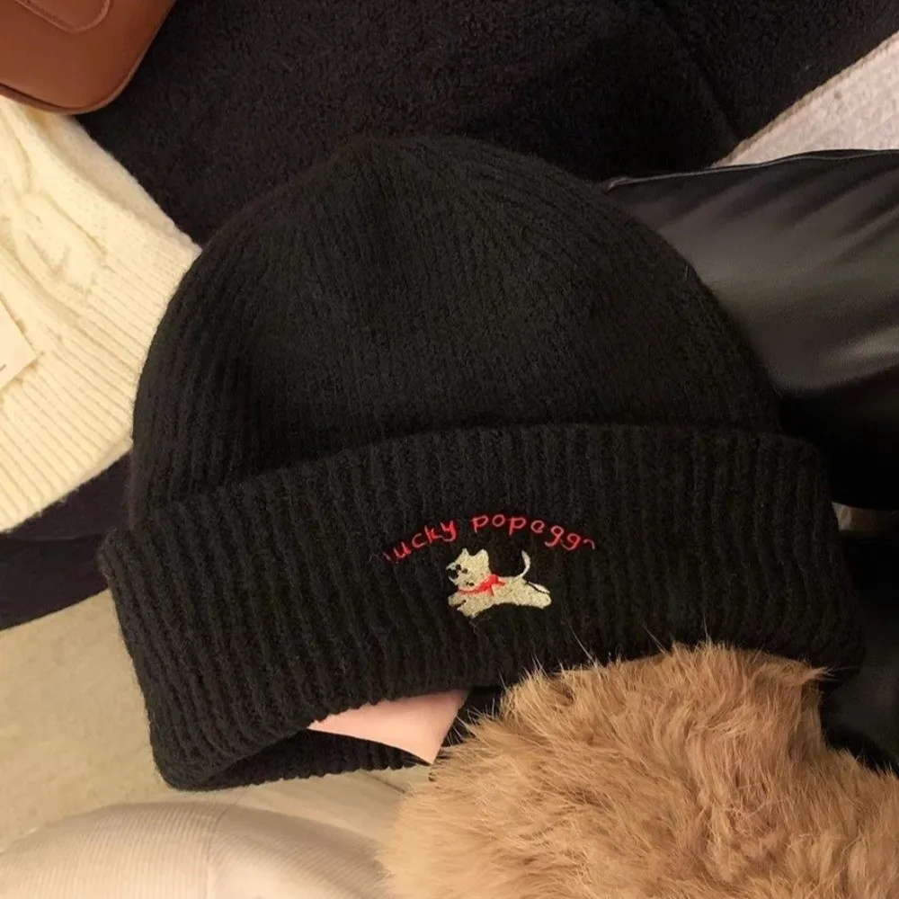 

Fashion Puppy Embroidery Winter Knitted Hat Thicken Windproof Beanie Cap Soft Winter Warm Crochet Bonnet Hat