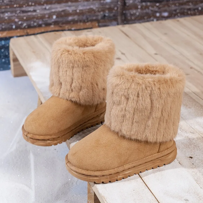 Kids Winter Snow Boots Furry Cuff Solid Color Girls Suede Ankle Boots Outdoor Soft Thermal Children Fashion Plush Boots Slip-on