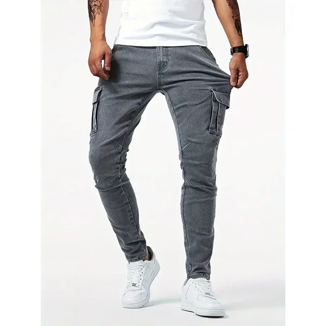 Street Elastic Jeans Men Denim Cargo Pants Wash Solid Color Multi Pockets Casual Mid Waist Trousers Slim Fit Daily Wear Joggers