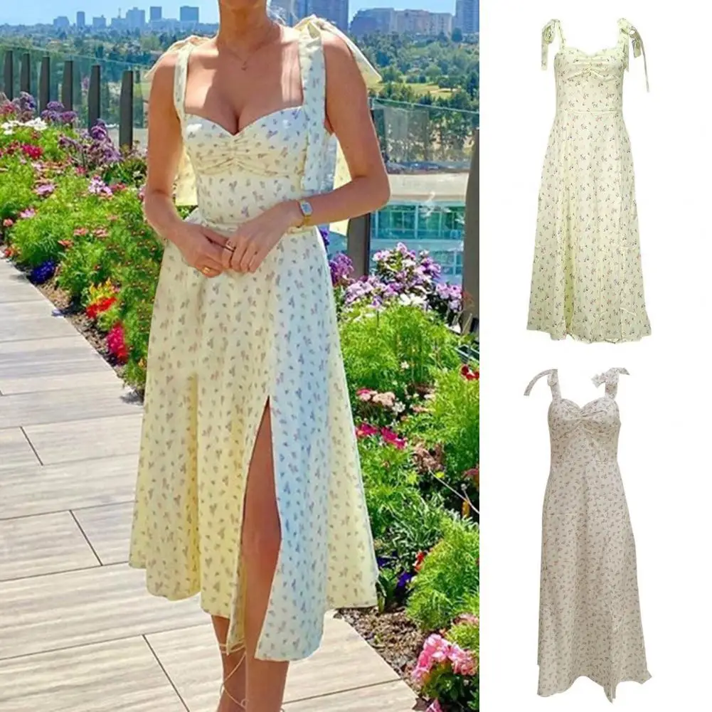 

Women Floral Slit Dress Elegant Floral Print Lace-up Midi Dress for Summer Beach Vacation Sleeveless V Neck Split Hem Women's