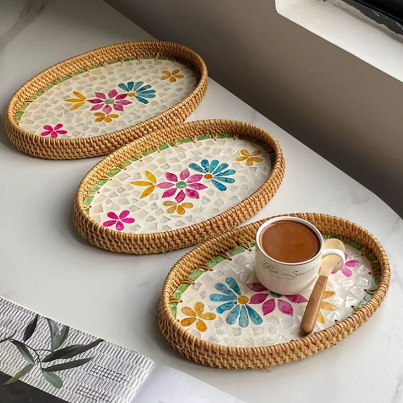 Rattan Weaving Tray Oval Sweet Fruit Table Trays Shell Decoration Luxury Pastel Plates Center Designed Rnaments Display Tray