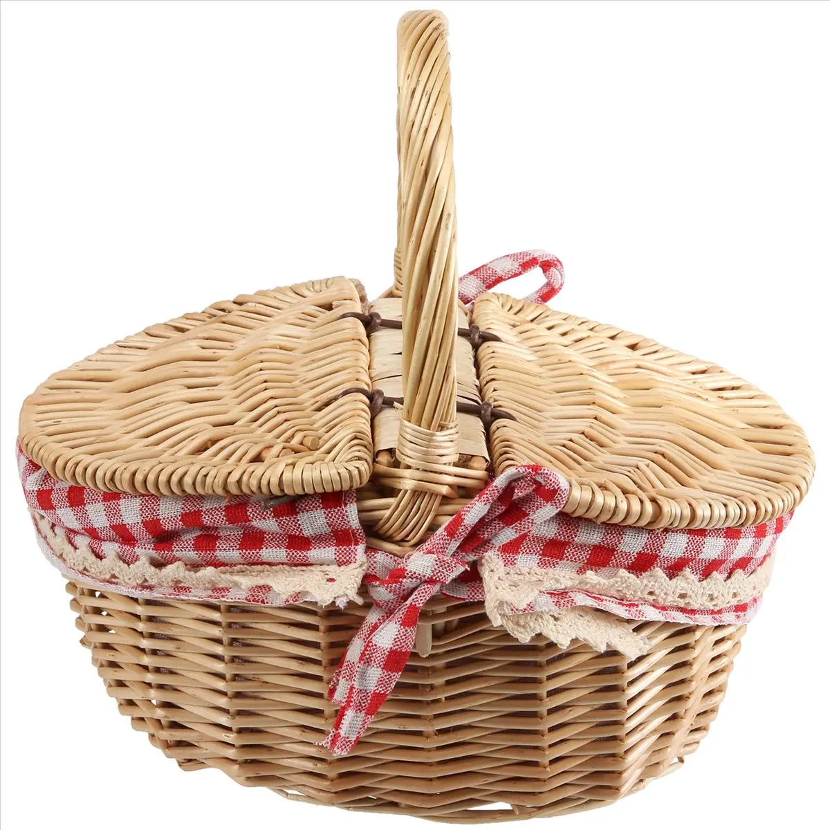 A78I Country Style Wicker Picnic Basket Hamper with Lid and Handle & Liners for Picnics, Parties and BBQs