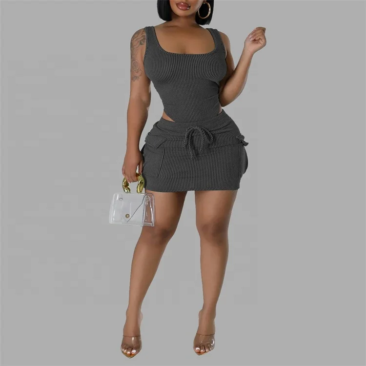 Women Solid Ribbed Two Piece Set Fashion Tank Bodysuits Tops + 3D Pockets Bodycon Mini Skirts Casual Streetwear Suits