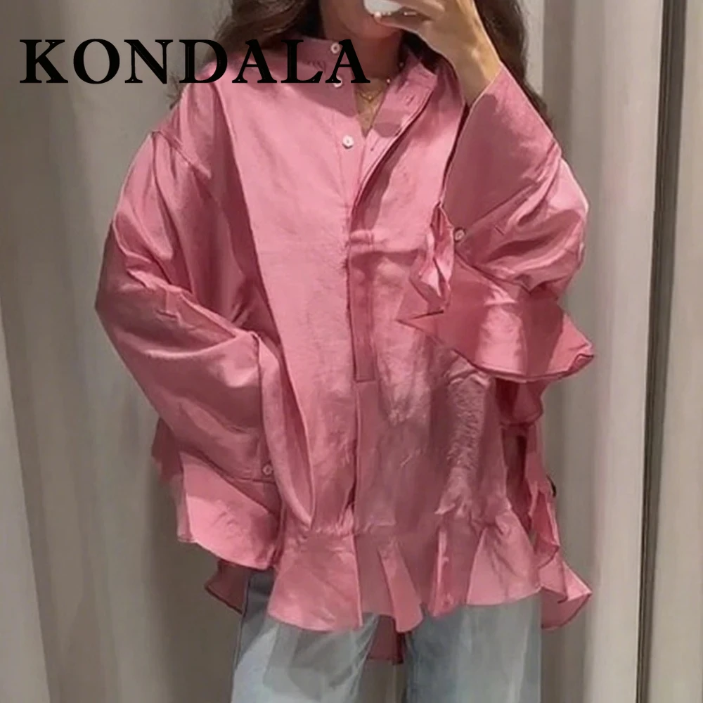 

KONDALA розовая мода 2025 повседневная женская рубашка большого размера многоуровневая однобортная уличная рубашка Y2K осенняя плиссированная элегантная блузка