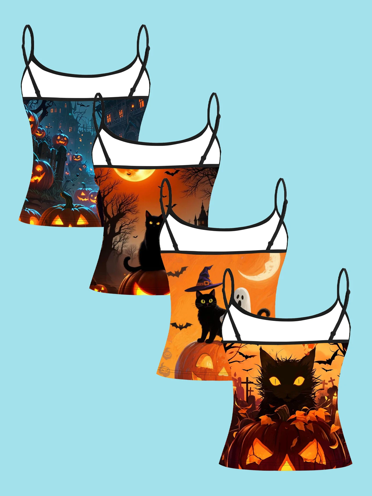 4-Piece Set of Halloween Black Cat and Pumpkin Women's Camisoles, Haunted House Full Moon Bat Ghost Print Slim-Fit Spaghetti Strap Short Camisole Tops