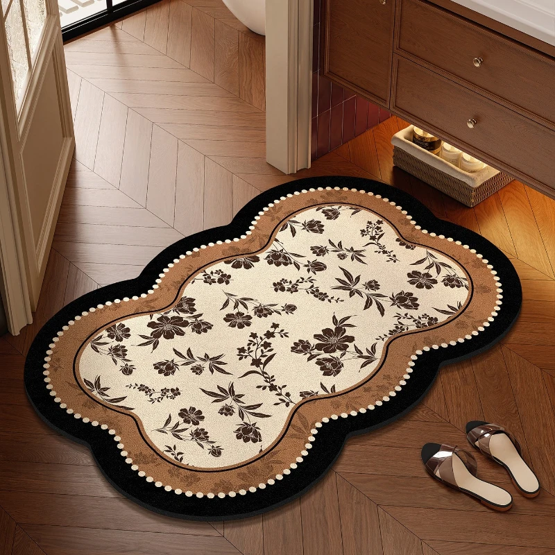 Absorbent Bathroom Rug Non-slip Diatomite Floor Mat French Floral Carpet Toilet Area Foot Mats Quick-drying Home Decoration Rugs