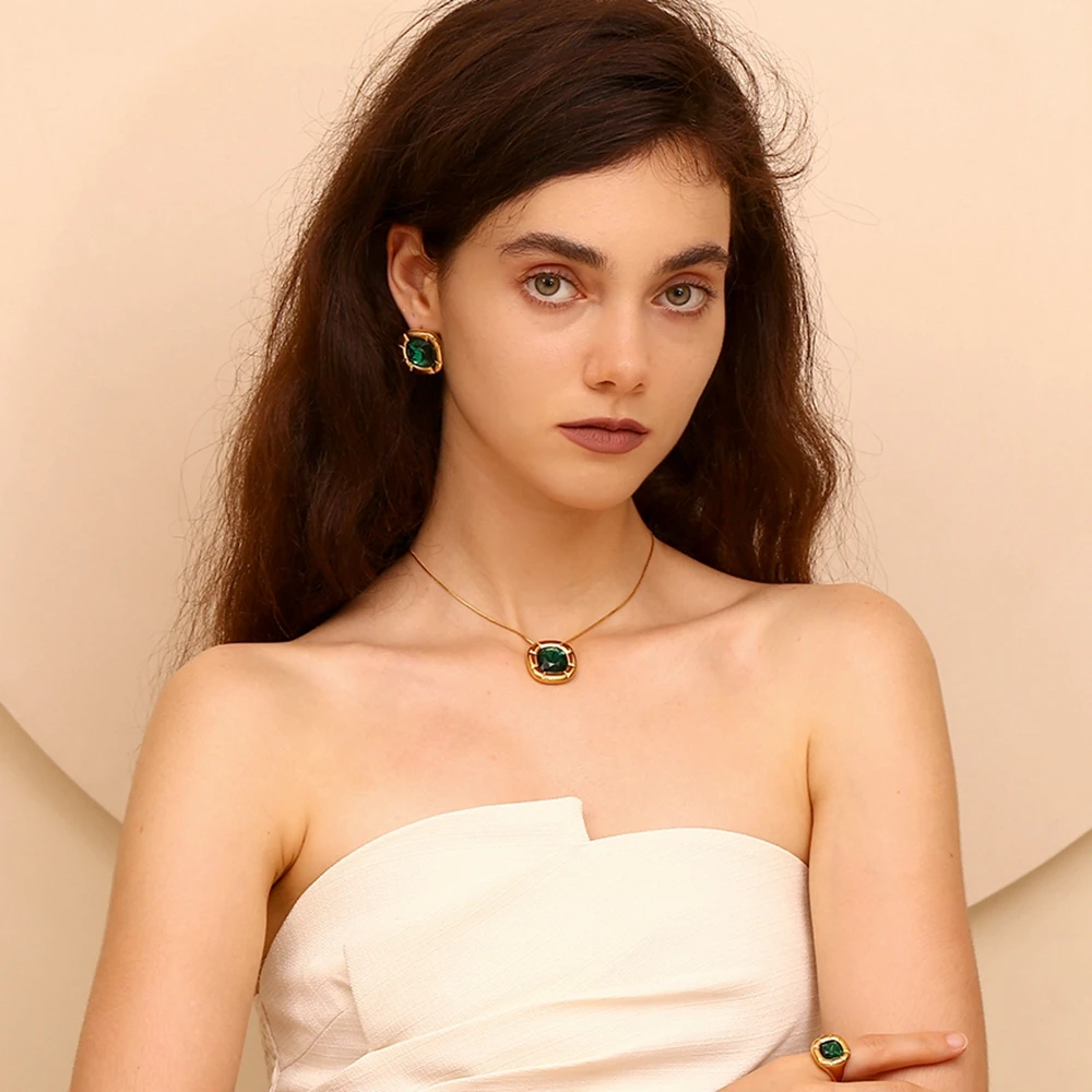 E.B.belle Colorful Zircon necklace for women Square zircon earrings Sparkling Rings Jewelry set Stainless steel premium jewelry