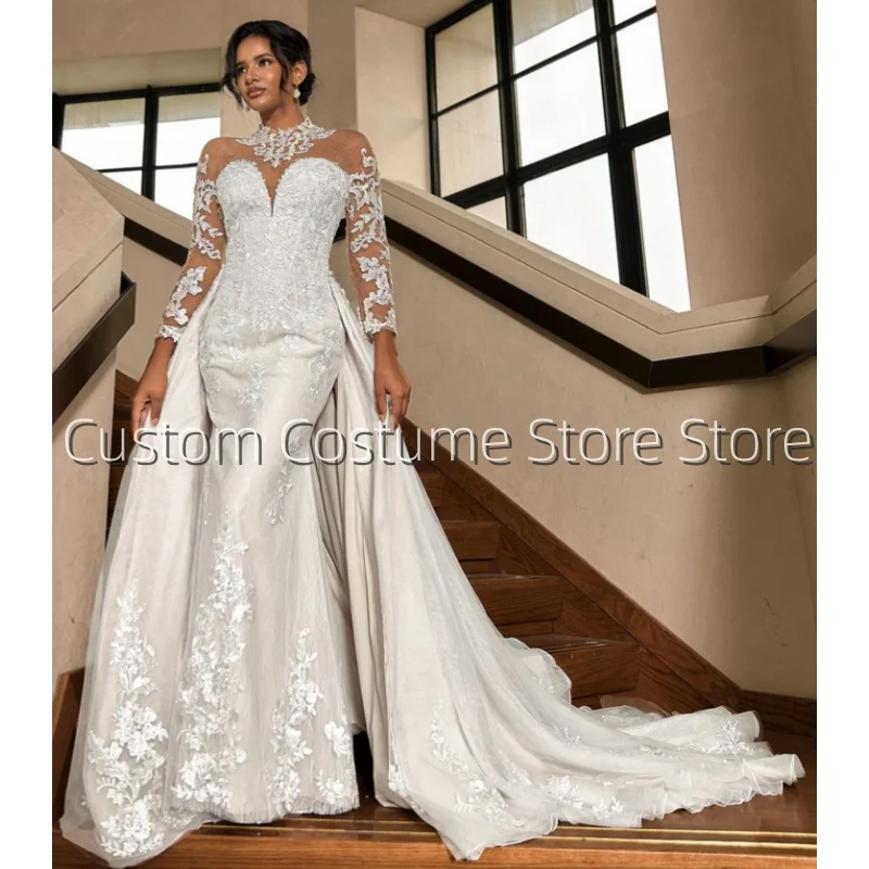 Customized models high neckline see-through feeling bridal dress lace long sleeve wedding dress 2026 models fishtail floor lengt