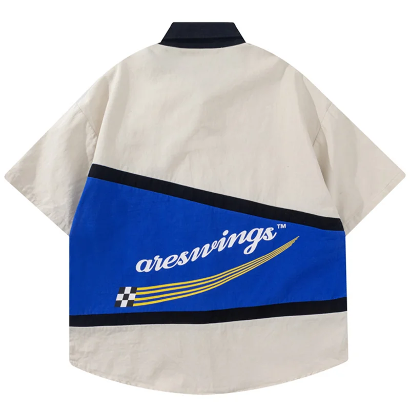 Motorcycle Men's Short Sleeve Shirts Korean Popular Clothes Top Summer Y2k Letter Embroidery Race Car Cargo Shirt T-Shirt Men