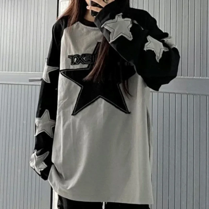 Kpop Harajuku Star Grey Sweatshirt Women Y2K Hippie Grunge Patchwork Letter Hoodie Korean Oversize Long Sleeve Tshirts