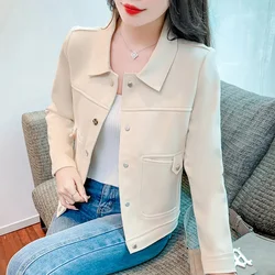 High Quality Suede Short Jacket Fr Women Spring 2024 Slim Fit And Slimming Motorcycle Suit Beige Jacket Top Pink Outwear Button