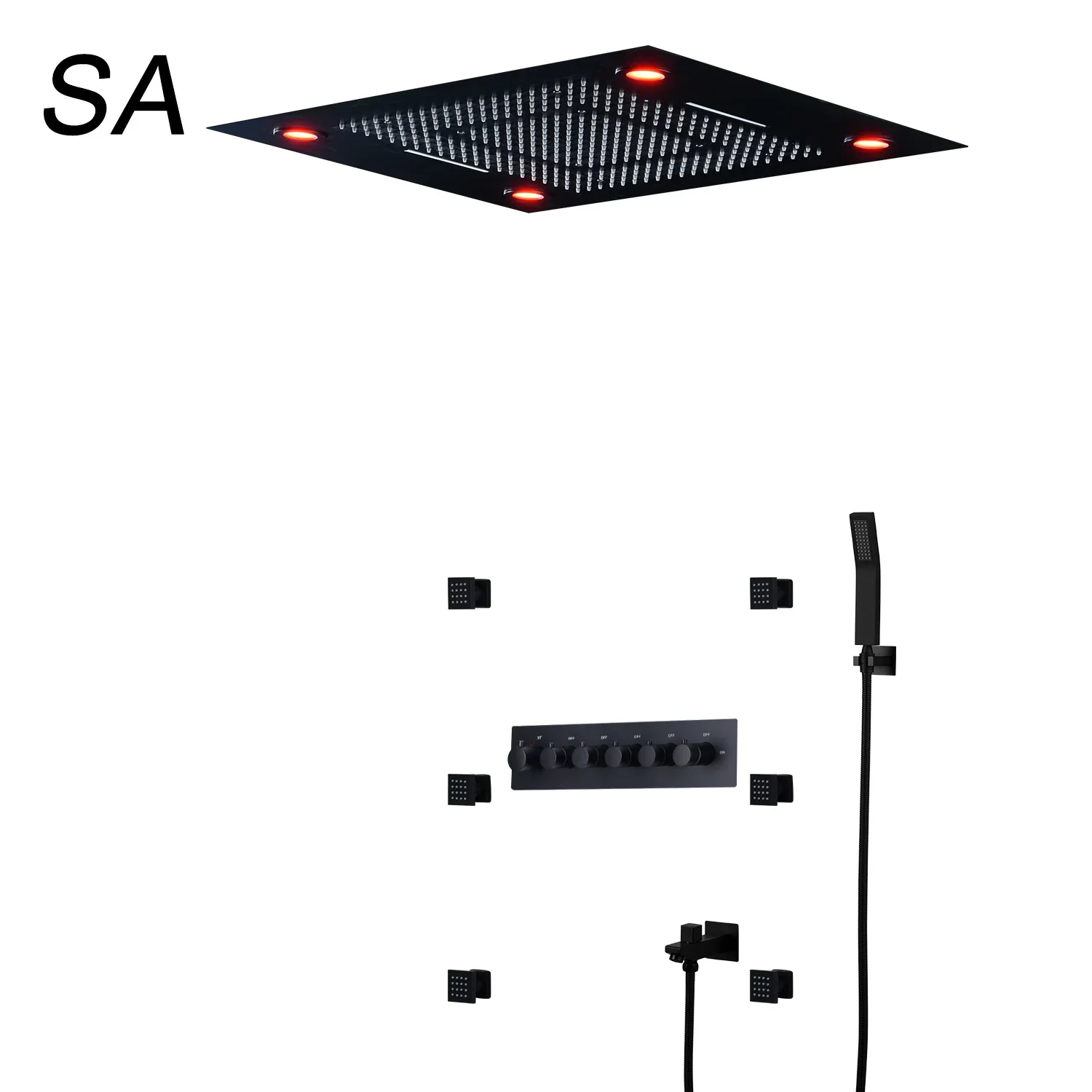 Luxury Matt Black Ceiling Rain Shower Water Power LED Showerhead 20 Inch Spa Mist Thermostatic 3 ways valve