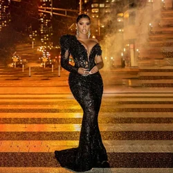 Full Sleeves Arabic African Lace Sequin Formal Evening Gowns Women Court Train Party Dress  Sparkly Black Mermaid Prom Dress