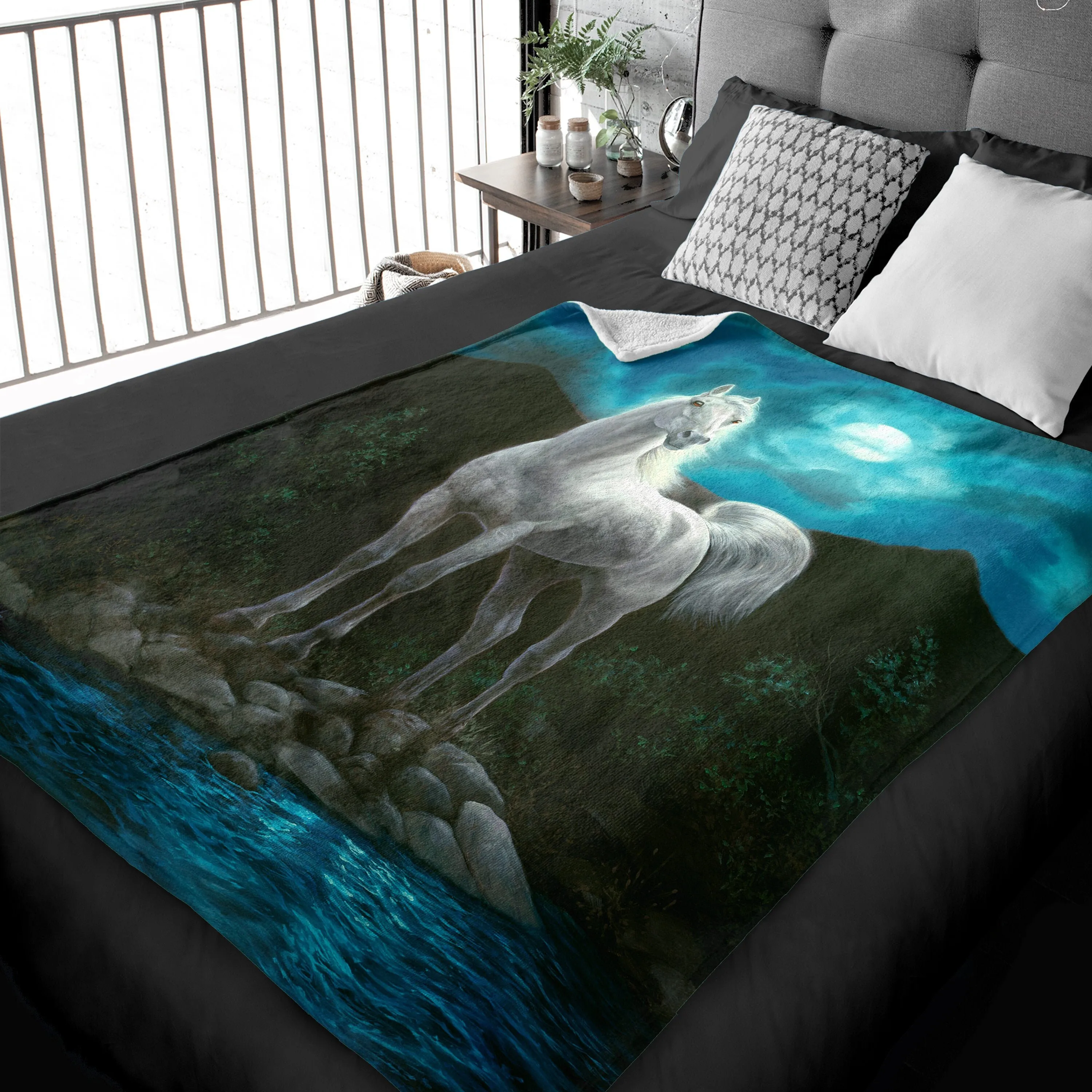Moonlight Wildlife Horse Blanket, Decorative Throw Home Decor Wall Hanging Fabric Poster Wall Art, Native American Animal